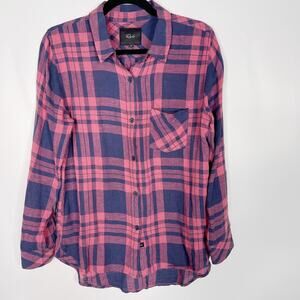 Rails XS Blue Pink Charli Maroon Navy Plaid Button Down Shirt Long Sleeve Linen